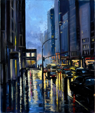 Painting titled "Rain in the city" by Serghei Ghetiu, Original Artwork, Oil