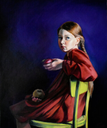 Painting titled "Girl with apples" by Serghei Ghetiu, Original Artwork, Oil