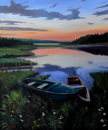 Painting titled "The calm summer eve…" by Serghei Ghetiu, Original Artwork, Oil