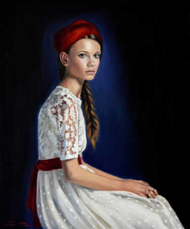 Painting titled "Little Red Cap" by Serghei Ghetiu, Original Artwork, Oil