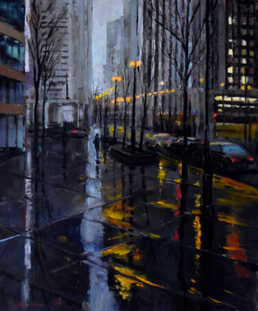 Painting titled "The rain in the city" by Serghei Ghetiu, Original Artwork, Oil