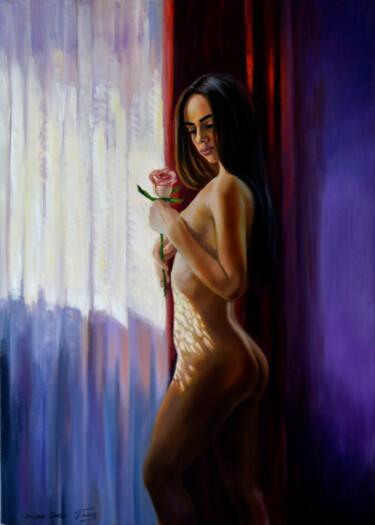 Painting titled "A beauty with a ros…" by Serghei Ghetiu, Original Artwork, Oil