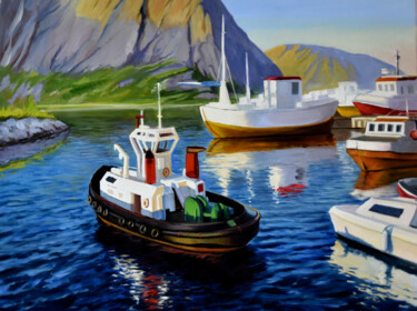Painting titled "The small harbor III" by Serghei Ghetiu, Original Artwork, Oil