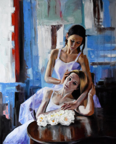 Painting titled "Girlfriends" by Serghei Ghetiu, Original Artwork, Oil Mounted on Wood Stretcher frame