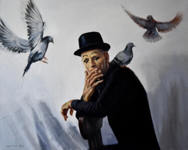 Painting titled "The birdman mime" by Serghei Ghetiu, Original Artwork, Oil