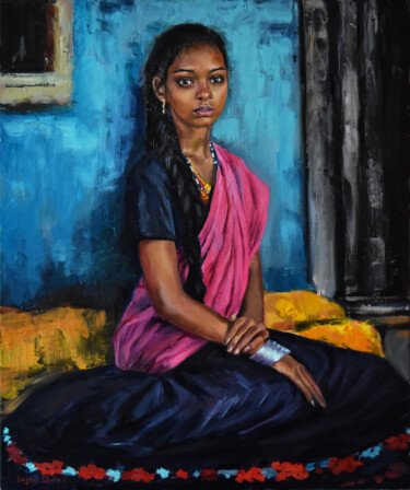 Painting titled "A girl from India" by Serghei Ghetiu, Original Artwork, Oil