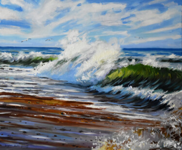 Painting titled "The crazy stormy sea" by Serghei Ghetiu, Original Artwork, Oil Mounted on Wood Stretcher frame