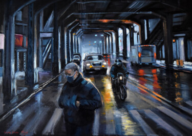Painting titled "Winter in Brooklyn" by Serghei Ghetiu, Original Artwork, Oil Mounted on Wood Stretcher frame