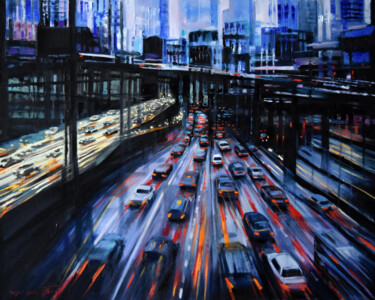 Painting titled "The noir city" by Serghei Ghetiu, Original Artwork, Oil Mounted on Wood Stretcher frame