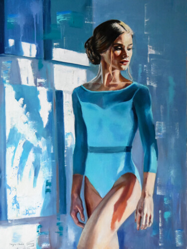 Painting titled "The turquoise morni…" by Serghei Ghetiu, Original Artwork, Oil Mounted on Wood Stretcher frame