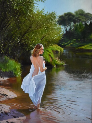 Painting titled "At the forest river…" by Serghei Ghetiu, Original Artwork, Oil Mounted on Wood Stretcher frame