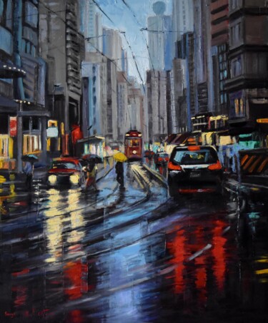 Painting titled "The city after rain" by Serghei Ghetiu, Original Artwork, Oil