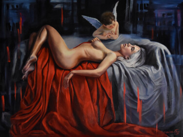 Painting titled "Her strange dreams" by Serghei Ghetiu, Original Artwork, Oil Mounted on Wood Stretcher frame