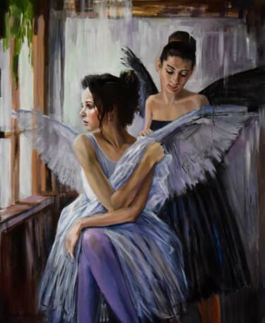 Painting titled "The ballet angels,…" by Serghei Ghetiu, Original Artwork, Oil Mounted on Wood Stretcher frame