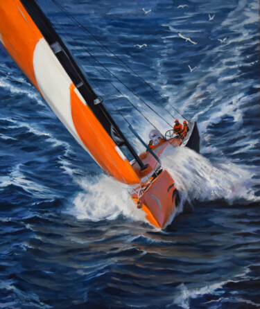 Painting titled "Against the sea wind" by Serghei Ghetiu, Original Artwork, Oil Mounted on Wood Stretcher frame