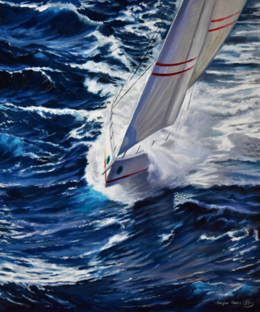 Painting titled "Against the sea win…" by Serghei Ghetiu, Original Artwork, Oil Mounted on Wood Stretcher frame