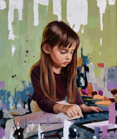 Painting titled "Isabelle discovers…" by Serghei Ghetiu, Original Artwork, Oil Mounted on Wood Stretcher frame