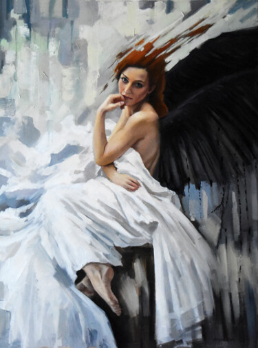 Painting titled "An angel with dark…" by Serghei Ghetiu, Original Artwork, Oil Mounted on Wood Stretcher frame