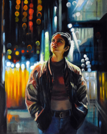 Картина под названием "Walking in the night" - Serghei Ghetiu, Подлинное произведение искусства, Масло Установлен на Деревян…