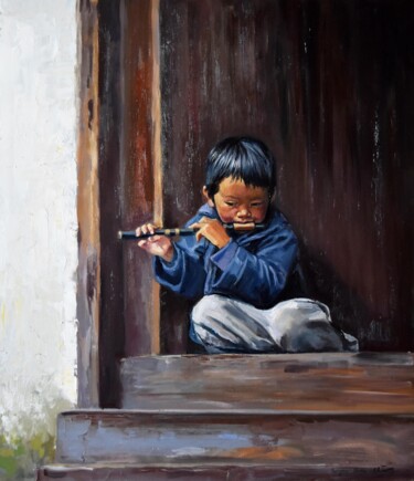 Painting titled "The melody of Tibet" by Serghei Ghetiu, Original Artwork, Oil Mounted on Wood Stretcher frame