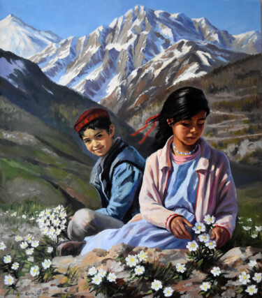 Painting titled "The flowers of Pamir" by Serghei Ghetiu, Original Artwork, Oil Mounted on Wood Stretcher frame
