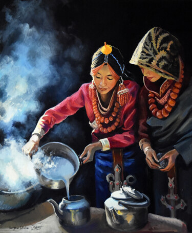 Painting titled "The Tibetan tea" by Serghei Ghetiu, Original Artwork, Oil Mounted on Wood Stretcher frame