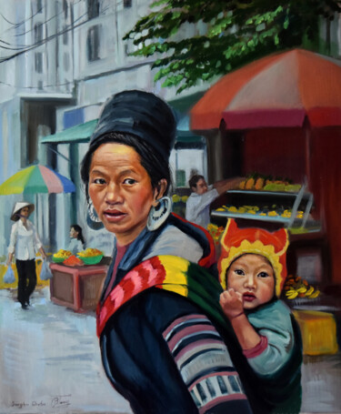 Painting titled "A morning in Laos" by Serghei Ghetiu, Original Artwork, Oil Mounted on Wood Stretcher frame
