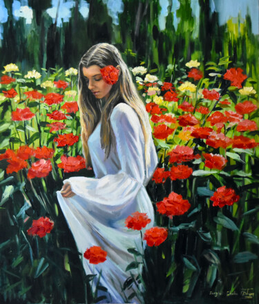 Painting titled "In the summer garden" by Serghei Ghetiu, Original Artwork, Oil Mounted on Wood Stretcher frame