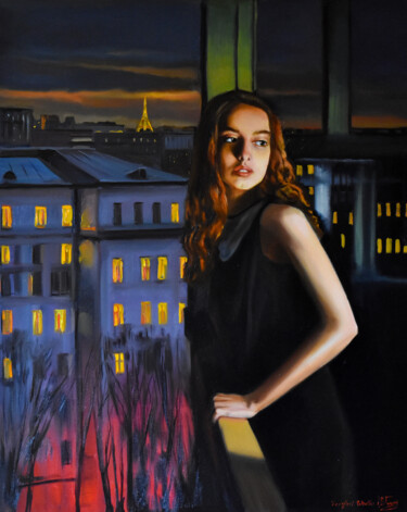 Painting titled "A night in Paris" by Serghei Ghetiu, Original Artwork, Oil Mounted on Wood Stretcher frame