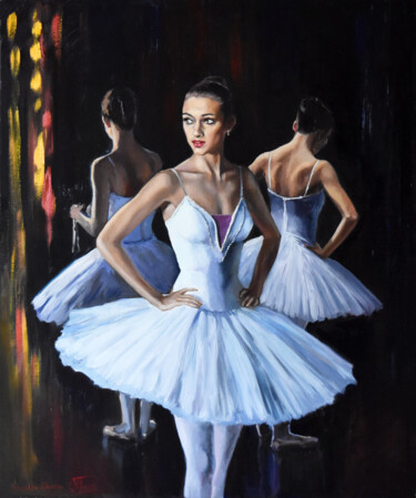Painting titled "Ballerinas, behind…" by Serghei Ghetiu, Original Artwork, Oil Mounted on Wood Stretcher frame
