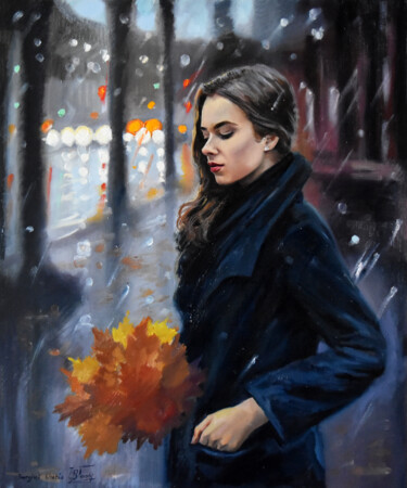 Painting titled "A wet November II" by Serghei Ghetiu, Original Artwork, Oil Mounted on Wood Stretcher frame