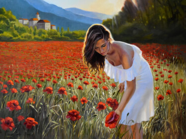 Картина под названием "The field of red po…" - Serghei Ghetiu, Подлинное произведение искусства, Масло Установлен на Деревян…