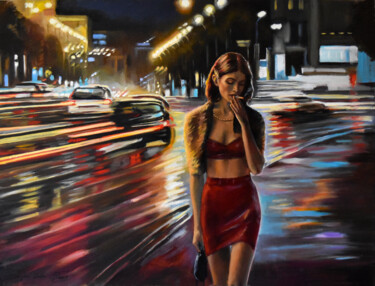 Painting titled "A walk in the night" by Serghei Ghetiu, Original Artwork, Oil Mounted on Wood Stretcher frame