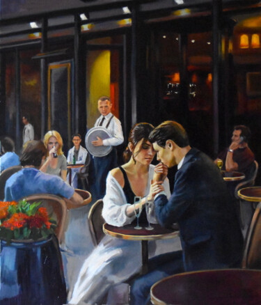 Painting titled "A day in summer cafe" by Serghei Ghetiu, Original Artwork, Oil Mounted on Wood Stretcher frame