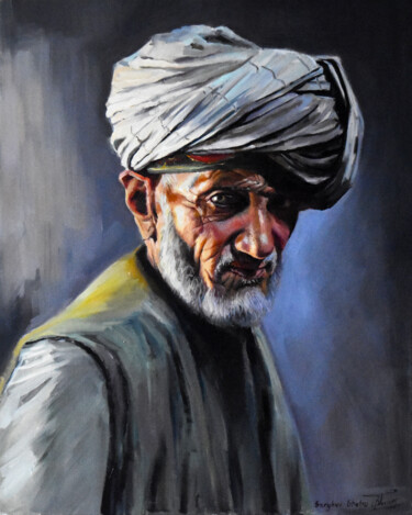 Painting titled "Old man from East" by Serghei Ghetiu, Original Artwork, Oil Mounted on Wood Stretcher frame