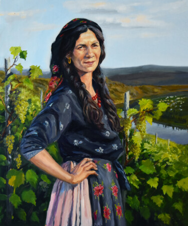 Painting titled "Portrait of a gypsy…" by Serghei Ghetiu, Original Artwork, Oil Mounted on Wood Stretcher frame