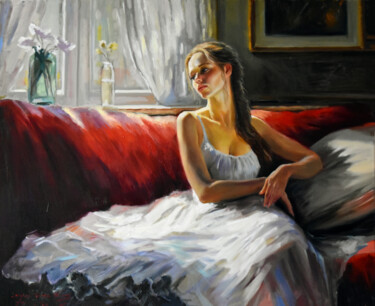 Painting titled "Her sunny morning" by Serghei Ghetiu, Original Artwork, Oil Mounted on Wood Stretcher frame