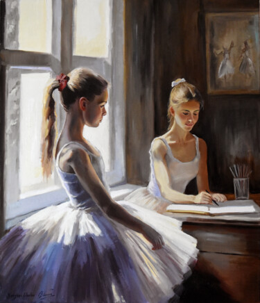 Painting titled "During the break at…" by Serghei Ghetiu, Original Artwork, Oil Mounted on Wood Stretcher frame