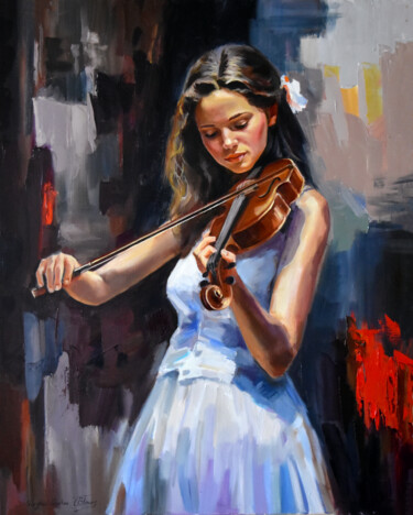 Painting titled "The violin player II" by Serghei Ghetiu, Original Artwork, Oil Mounted on Wood Stretcher frame