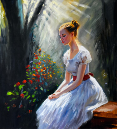 Painting titled "A girl portrait in…" by Serghei Ghetiu, Original Artwork, Oil Mounted on Wood Stretcher frame