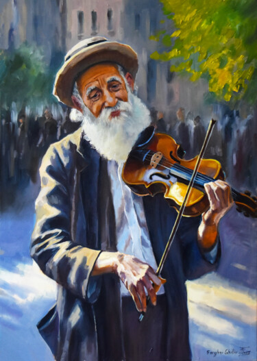 Painting titled "The old violin play…" by Serghei Ghetiu, Original Artwork, Oil