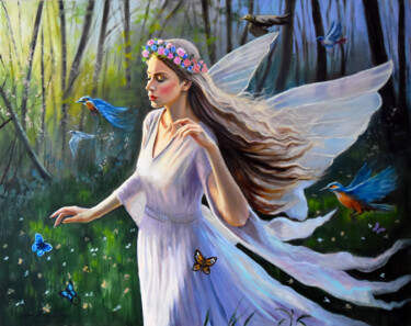 Painting titled "The forest fairy II" by Serghei Ghetiu, Original Artwork, Oil Mounted on Wood Stretcher frame