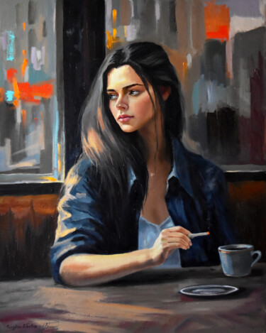 Painting titled "A girl with a cigar…" by Serghei Ghetiu, Original Artwork, Oil Mounted on Wood Stretcher frame