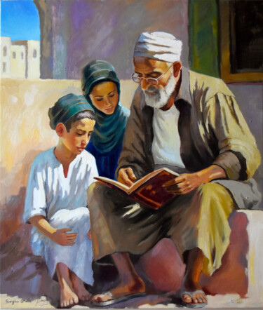 Painting titled "Wisdom lessons" by Serghei Ghetiu, Original Artwork, Oil Mounted on Wood Stretcher frame