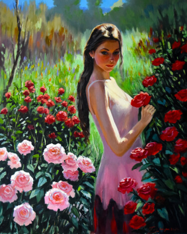 Painting titled "In the summer garde…" by Serghei Ghetiu, Original Artwork, Oil Mounted on Wood Stretcher frame