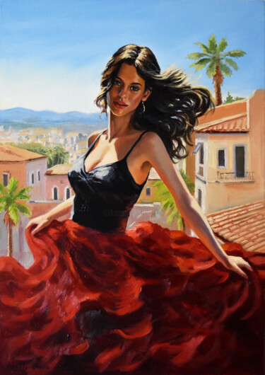 Painting titled "The Flamenco woman" by Serghei Ghetiu, Original Artwork, Oil Mounted on Wood Stretcher frame