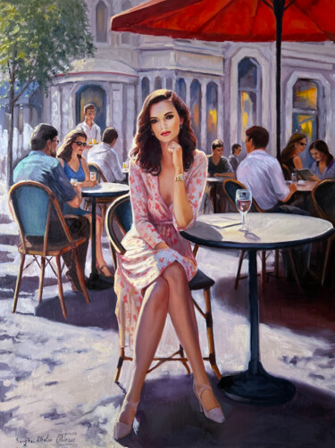 Painting titled "Waiting for her ord…" by Serghei Ghetiu, Original Artwork, Oil Mounted on Wood Stretcher frame
