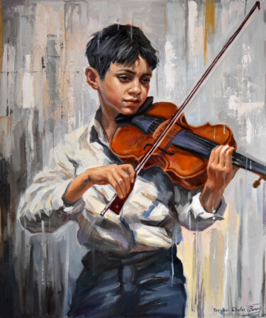 Painting titled "A boy with a violin" by Serghei Ghetiu, Original Artwork, Oil Mounted on Wood Stretcher frame