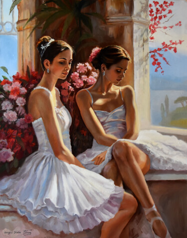 Painting titled "The ballet friends" by Serghei Ghetiu, Original Artwork, Oil Mounted on Wood Stretcher frame
