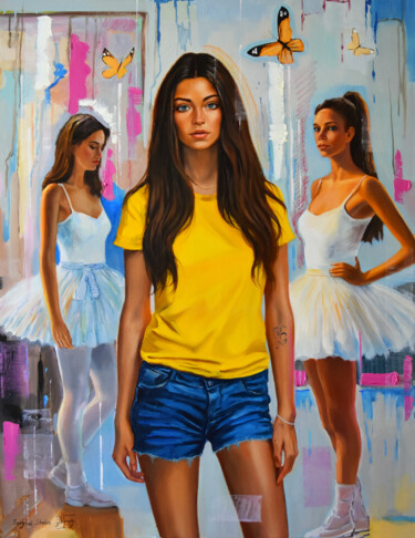 Painting titled "The ballet team II" by Serghei Ghetiu, Original Artwork, Oil Mounted on Wood Stretcher frame